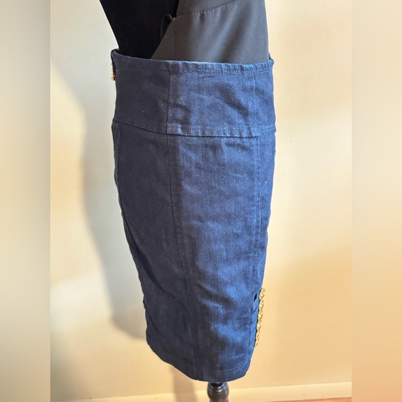 LEIFSDOTTIR Anthro Dark Blue Denim Jeans 12 Gold Button Straight Pencil Skirt 2 - Picture 4 of 8